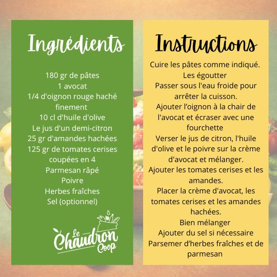 Salade pâtes crème d'avocat