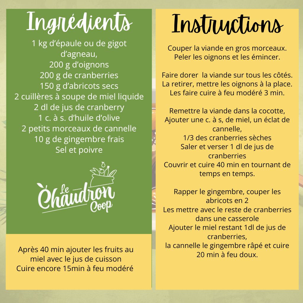 Recette Agneau aux abricots secs et aux cramberries